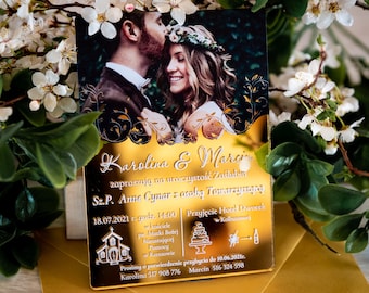 Invitación de boda Boho / tarjeta de anuncio de ceremonia con foto / tarjeta de matrimonio romántica de glamour / regalo elegante y brillante para pareja