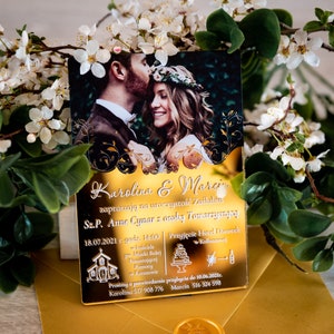 Invitación de boda bohemia / tarjeta de anuncio de ceremonia con foto / tarjeta de matrimonio romántica glamurosa / regalo elegante y brillante para pareja