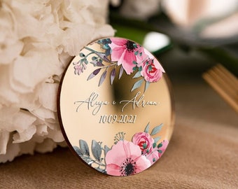 Personalised Round Shape Save The Date Magnets, Gold Mirror Glamour Wedding Favor