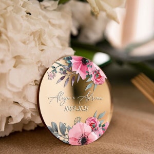 Personalised Round Shape Save The Date Magnets, Gold Mirror Glamour Wedding Favor