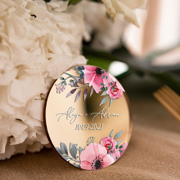 Forme ronde personnalisée Save The Date Magnets, faveur de mariage glamour miroir doré