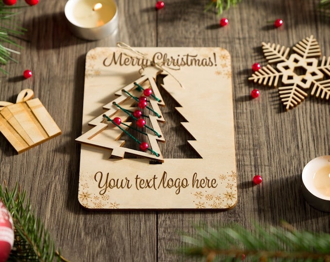 boho christmas card | personalized fancy greetings with noel tree ornament | retro xmas wooden holiday wishes with decor