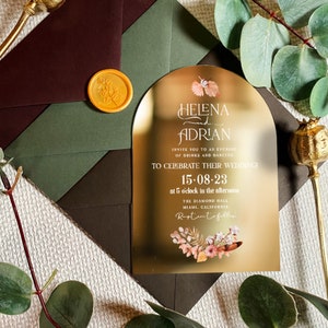 Invitación de boda con arco de flores boho / tarjeta de ceremonia de aro / invitación de propuesta moderna / carta de saludo elegante / invitaciones de fiesta doradas