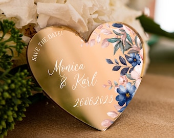 Navy blue flowers heart-shaped wedding keepsake | boho theme glamour golden wedding favor | elegant gift for guest with magnet