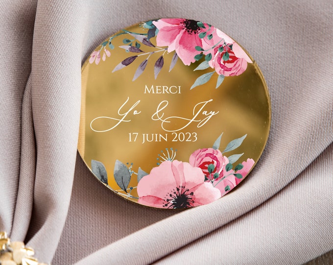 Botanical wedding favor | pink flowers mirror personalized party keepsake | floral golden modern save the date with magnet