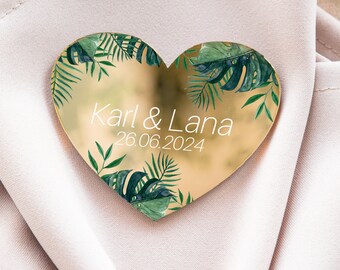 Tropical leaves heart-shaped wedding keepsake | monstera theme glamour golden wedding favor | elegant gift for guest with magnet