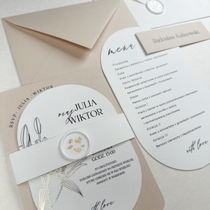 Echantillon de coffret de faire-part de mariage luxueux avec feuille d'or et design unique en arche