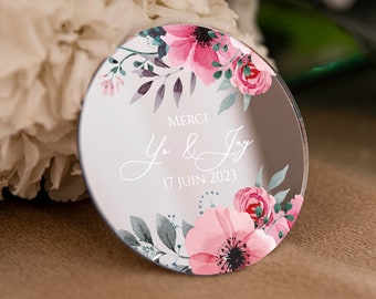 Pink flowers wedding favor | botanical personalized party keepsake | silver modern save the date with magnet