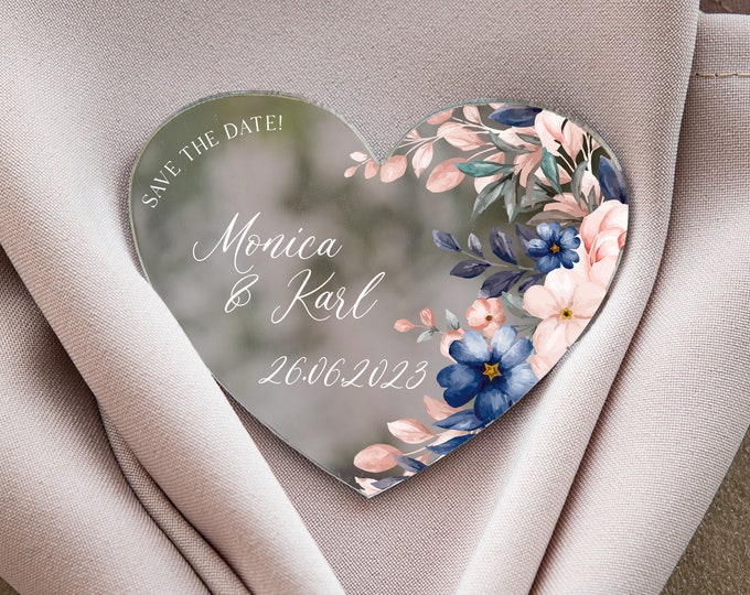 Navy blue flowers heart-shaped wedding keepsake | boho theme glamour silver wedding favor | elegant gift for guest with magnet