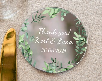 Green leaves wedding favor | botanical personalized party keepsake | silver modern save the date with magnet