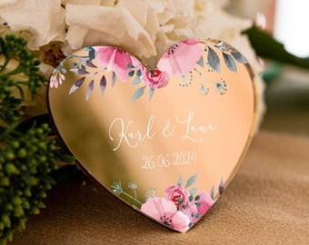 Pink flowers heart-shaped wedding keepsake | boho golden wedding favor | floral gift for guest with magnet