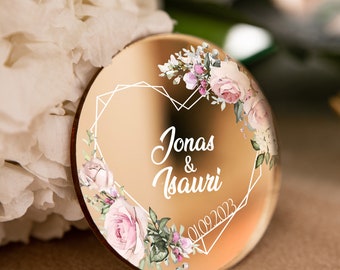 Rose theme wedding favor | light flower mirror personalized party keepsake | elegant golden modern save the date with magnet