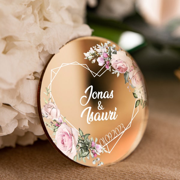Faveur de mariage thème rose | miroir fleur clair souvenir de fête personnalisé | élégant doré moderne réservez la date avec aimant