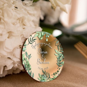 Personalised Round Shape Save The Date Magnets, Gold Mirror Glamour Wedding Favor