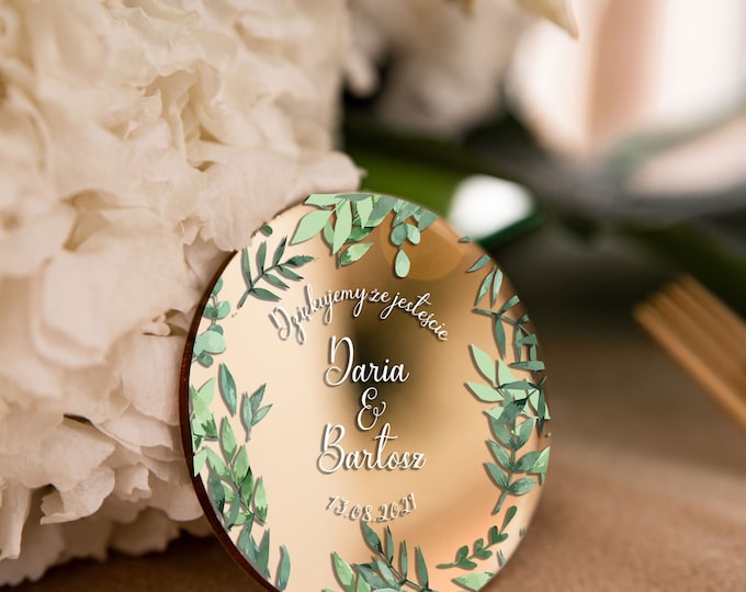 Personalised Round Shape Save The Date Magnets, Gold Mirror Glamour Wedding Favor