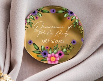 Personalized Floral Mirror Magnet Favors | Quinceañera, Wedding Keepsake