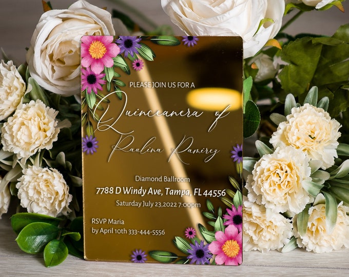 Gold flower Invitation for Quinceañera | Floral cute Quince party card | Beautiful elegant Sweet sixteen invites