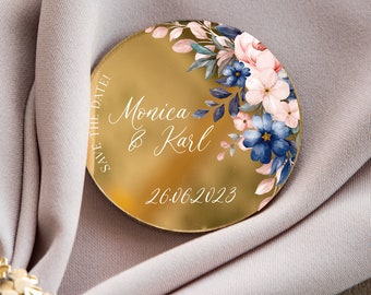 Blue flower wedding favor | forget-me-not mirror personalized party keepsake | botanical golden modern save the date with magnet