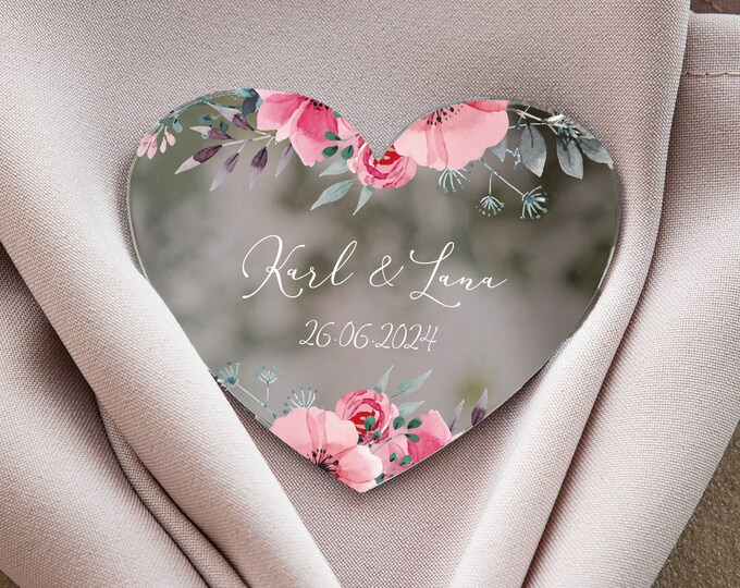Pink flowers heart-shaped wedding keepsake | boho silver wedding favor | floral gift for guest with magnet
