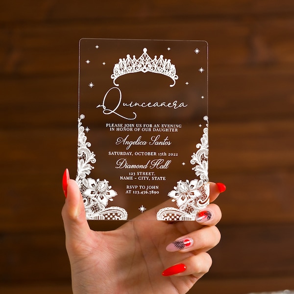 Simple Quinceañera invitation | Mis Quince invite | clear acrylic Quinceañera invitation WITH CROWN