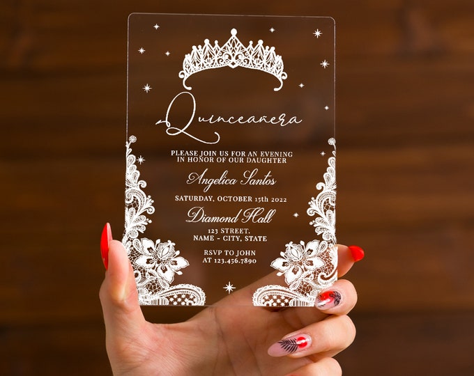 Simple Quinceañera invitation | Mis Quince invite | clear acrylic Quinceañera invitation WITH CROWN