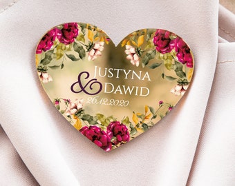 Red Peonies heart-shaped wedding keepsake | botanical glamour golden wedding favor | elegant gift for guest with magnet