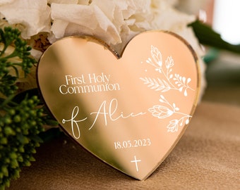 Souvenir de première communion floral simple en forme de cœur | faveur de baptême doré boho | cadeau de confirmation pour invité avec aimant