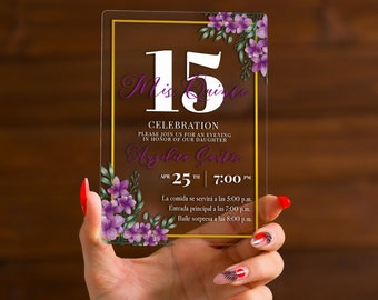 Paarse uitnodiging voor Quinceañera | Glamour Quince party card | Flower Sweet sixteen nodigt uit