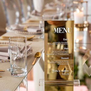 Gold drink menu with base | personalized wedding detail | glamour party decor