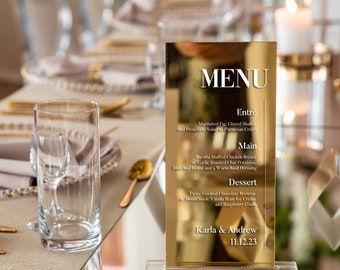 Gold drink menu with base | personalized wedding detail | glamour party decor