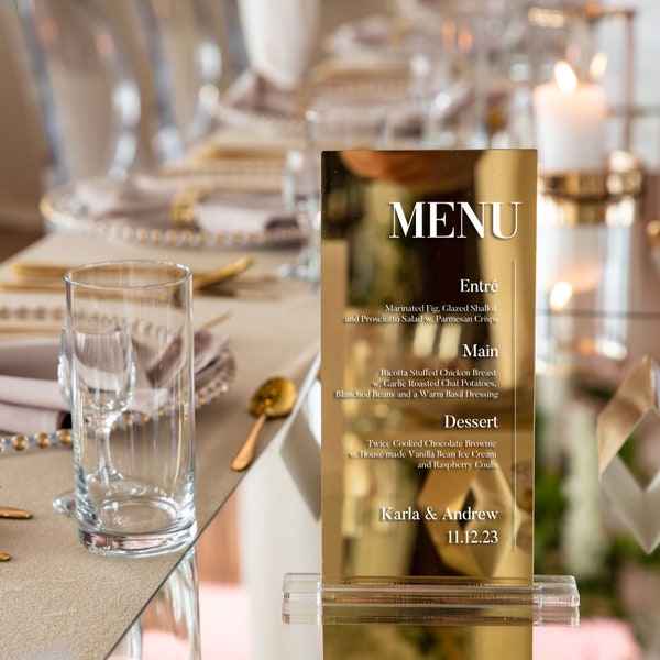 Gold drink menu with base | personalized wedding detail | glamour party decor