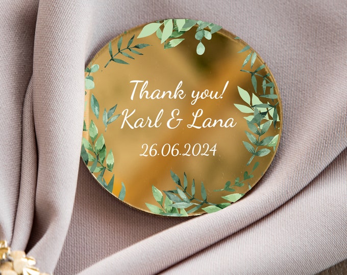 Greenery wedding favor | botanical leaves mirror personalized party keepsake | boho golden modern save the date with magnet