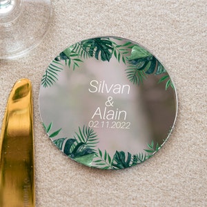 Monstera leaves wedding favor | tropical floral personalized party keepsake | silver modern save the date with magnet