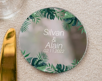 Monstera leaves wedding favor | tropical floral personalized party keepsake | silver modern save the date with magnet