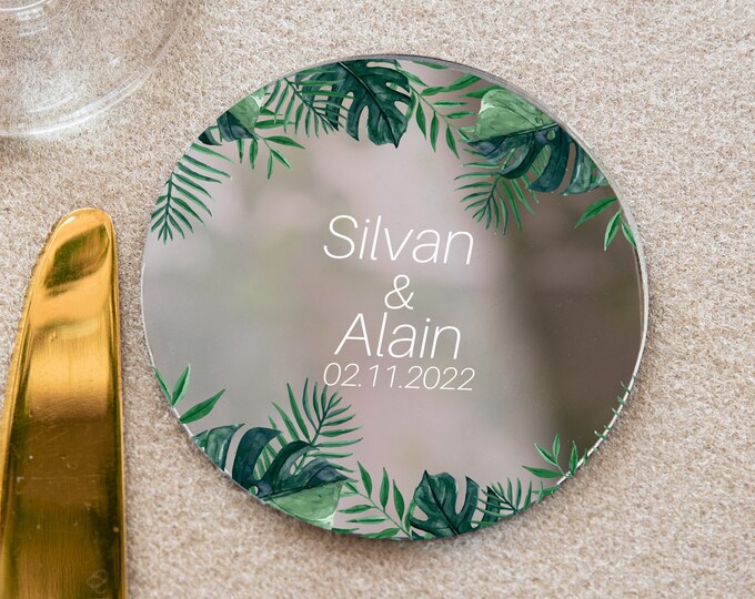 Monstera leaves wedding favor | tropical floral personalized party keepsake | silver modern save the date with magnet