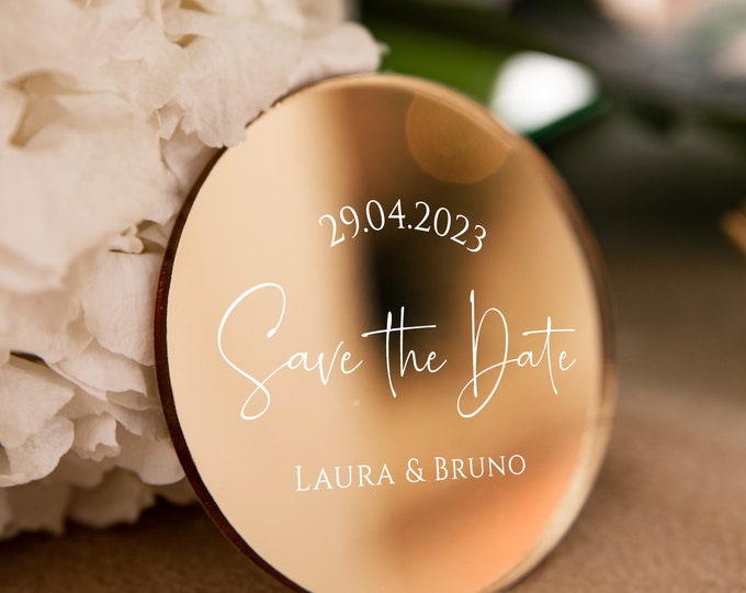 Simple wedding favor | elegant personalized party keepsake | golden modern save the date with magnet