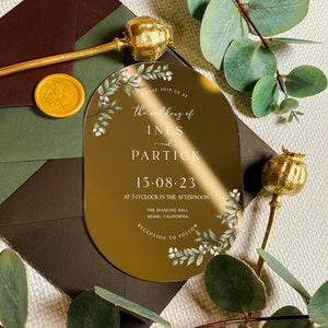 Invitación de boda ovalada con rectángulo verde / lo hacemos / invitación de flores modernas / letra botánica elegante / invitaciones de fiesta doradas