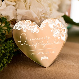 Personalised Heart Shape Save The Date Magnets, Gold Mirror Glamour Quinceañera Favor