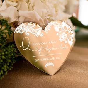 Imanes personalizados con forma de corazón para guardar la fecha, recuerdo de quinceañera glamoroso con espejo dorado