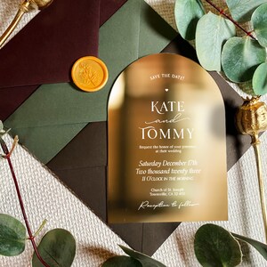Invitación de boda arqueada simple / hacemos tarjeta de ceremonia / guardar la fecha / carta de saludo moderna / invitaciones a fiesta doradas