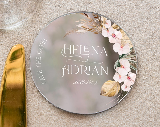 Boho theme wedding favor | pampass grass personalized party keepsake | silver glamour save the date with magnet