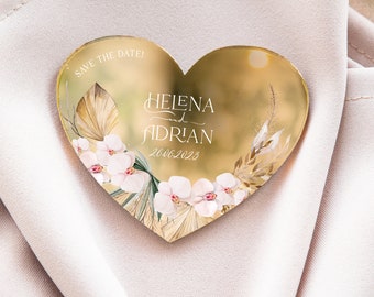 Boho heart-shaped wedding keepsake | pampass grass theme glamour golden wedding favor | elegant gift for guest with magnet