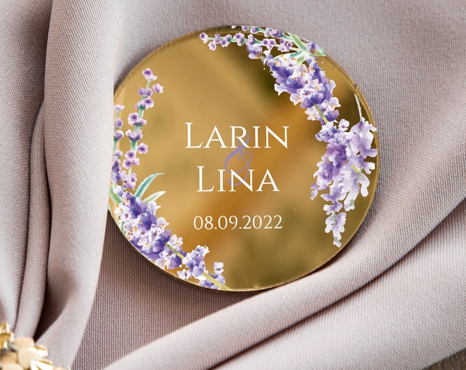 Lavender wedding favor | lilac flower mirror personalized party keepsake | botanical golden modern save the date with magnet