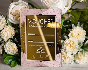 Glamour elegant Acrylic GIFT VOUCHER with envelope, mirrored/clear/satin plexi