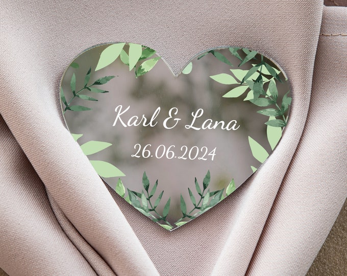 Green leaves heart-shaped wedding keepsake | botanical silver wedding favor | floral gift for guest with magnet