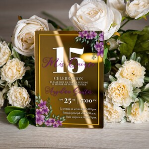 Invito con fiori viola per la Quinceañera / Biglietto per la festa della Quinceañera con specchio glamour / Inviti eleganti e carini per la festa dei sedici anni