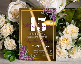 Purple flowers Invitation for Quinceañera | Glamour mirror Quince party card | Cute elegant Sweet sixteen invites