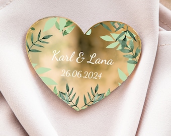 Green leaves heart-shaped wedding keepsake | botanical golden wedding favor | floral gift for guest with magnet