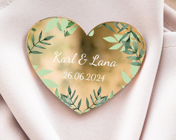 Green leaves heart-shaped wedding keepsake | botanical golden wedding favor | floral gift for guest with magnet