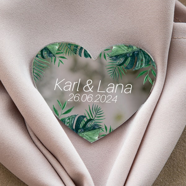 Tropical leaves heart-shaped wedding keepsake | monstera theme glamour silver wedding favor | elegant gift for guest with magnet